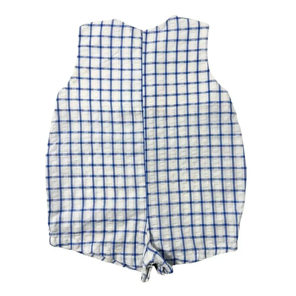 Vintage Baby Boy Romper 18M Blue White Plaid Seersucker Toy Appliqué Shortall